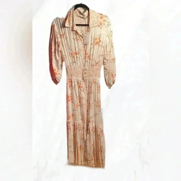 NWT Dex orange cream smock waist floral mid sleeve dress XS - Picture 2 of 5